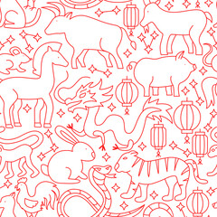 Wall Mural - Chinese Zodiac Line Seamless Pattern. Vector Illustration of Outline Background.