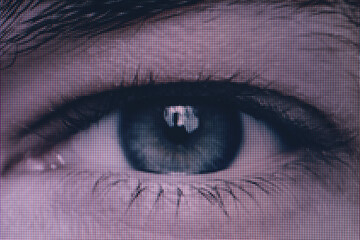 Poster - Close up Beautiful abstract eye. Minimalist modern style concept. dark Background pattern for design. Macro photography view. Close-up of pixel.