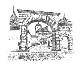 Sketch of Rothenburg ob der Tauber, Bavaria, Germany. Medieval building line art. Freehand drawing. Hand drawn travel postcard. Hand drawing. Urban sketch in black color on white background.