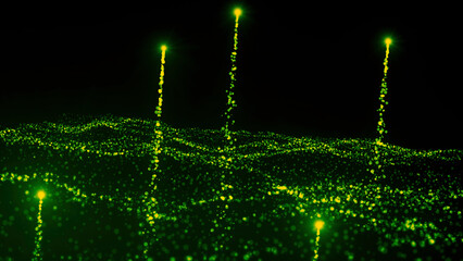 Poster - Abstract green shiny futuristic digital space with unique dots and flying comets. Motion. Dark green wavy surface of tiny particles.