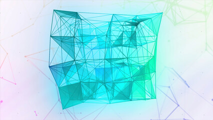 Poster - Abstract neon plexus transforming cube on a black background. Motion. 3D moving cubic silhouette in digital world.
