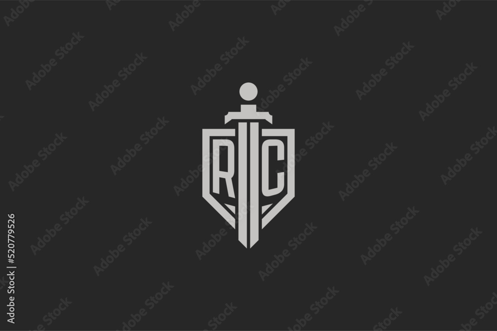 Letter RC logo with shield and sword icon design in geometric style ...