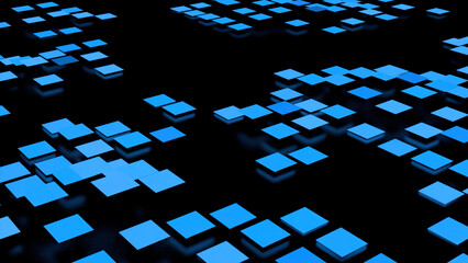 Aufkleber - Abstract blue waving surface of small squares isolated on a black background. Design. Blinking and jumping field of squares.