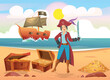 © sonar512 - Young woman in pirate costume holding sword standing near open treasure chest on beach in front of pirate ship