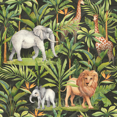 Beautiful image with watercolor tropical palm trees and animals on a dark background. African fauna: lion, giraffe, elephant.