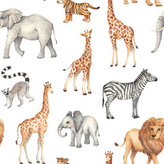 Drawing of safari animals. Hand-drawn seamless ornament with animals on a white background. African fauna: lion, zebra, lemur, tiger, giraffe