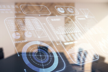 Poster - Abstract virtual analytics data spreadsheet on a modern coworking room background, analytics and analysis concept. Multiexposure