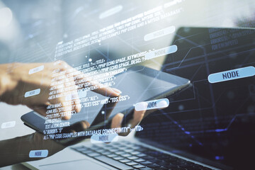 Aufkleber - Multi exposure of abstract software development hologram and finger presses on a digital tablet on background, research and analytics concept
