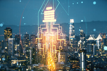 Poster - Double exposure of virtual creative light bulb hologram with chip on San Francisco city skyscrapers background, idea and brainstorming concept