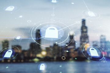 Aufkleber - Virtual creative lock illustration with microcircuit on blurry skyscrapers background, cyber security concept. Multiexposure