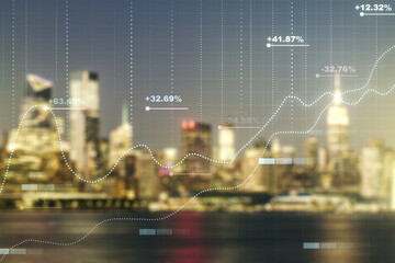 Poster - Double exposure of abstract virtual statistics data hologram on blurry cityscape background, statistics and analytics concept