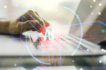 Aufkleber - Double exposure of creative artificial Intelligence abbreviation with hand typing on computer keyboard on background. Future technology and AI concept