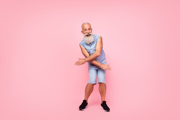 Sticker - Full length photo of funky charming retired guy wear jeans waistcoat dancing having fun isolated pink color background