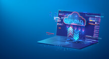 Cloud, The Concept Of Cloud Storage, Data Transfer, Against The Background Of A Modern Laptop, With Graphics And HUD Interface.  Remote Data Center For The Management Of Modern Technologies. Vector