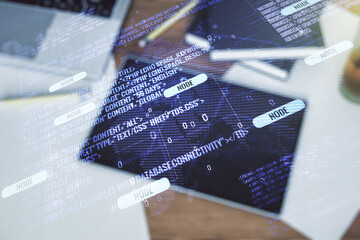 Poster - Abstract creative coding concept with world map and modern digital tablet on background, top view. Multiexposure