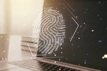 Aufkleber - Abstract creative fingerprint illustration on modern computer background, personal biometric data concept. Multiexposure