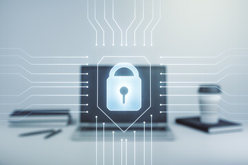 Aufkleber - Creative idea concept with lock symbol and microcircuit illustration on modern laptop background. Protection and firewall concept. Multiexposure