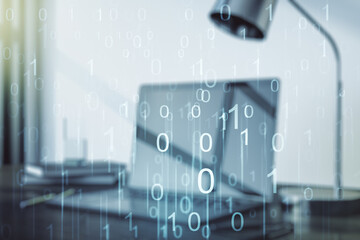 Poster - Creative concept of binary code illustration on modern laptop background. Big data and coding concept. Multiexposure