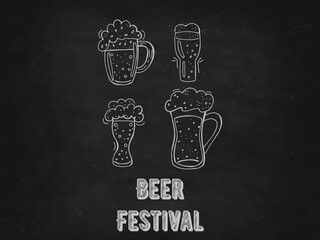 Wall Mural - Oktoberfest 2022 - Beer Festival. Hand-drawn set of Doodle Elements. German Traditional holiday. Glass beer mugs with lettering on a black chalk board.