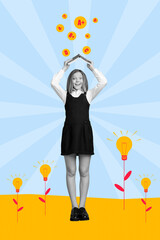 Poster - Vertical collage image of excited happy girl black white gamma hands hold book above head drawing grades light bulb plant