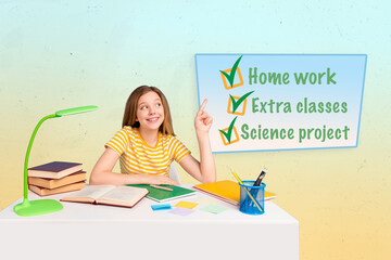 Poster - Photo cartoon comics sketch picture of small kid child sitting desktop pointing achieved aims isolated drawing background