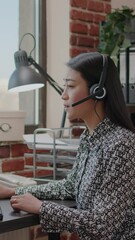 Wall Mural - Vertical video: Worker at customer service using microphone on phone call. Sales assistant having conversation with clients on telemarketing communication with headset, giving technical support in
