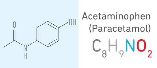 Wall Mural - Acetaminophen (Paracetamol) C8H9NO2 molecule. Stick model. Structural Chemical Formula. Chemistry Education