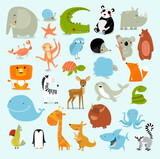 Fototapeta Dinusie - Print. Big  set of animals. The crocodile, elephant, bear, duck, panda, koala, lion, monkey, turtle, whale, shark, crab, fox, kangaroo, giraffe, bat, hedgehog, owl, snake, starfish