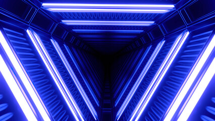 Poster - Abstract blue triangular tunnel of neon blue color. Design. Flying through spinning endless corridor.