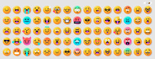 Round Emoticons Set. Yellow Emoji Faces Emoticon Smile, Digital Smiley Expression Emotion Feelings, Chat Cartoon Emotes. Vector Illustration Icons