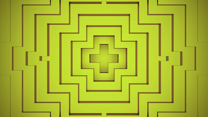 Poster - Abstract architecture background with green and yellow 3D cross shapes narrowing down. Design. Slowly moving silhouettes.