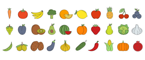 Set of color food icons.Fruit and vegetable icons