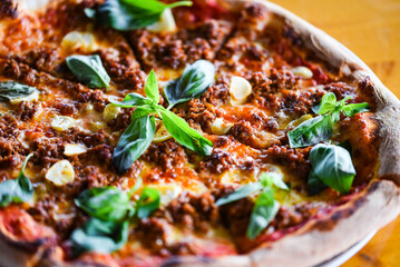 Wall Mural - tasty bolognese pizza with fresh basil