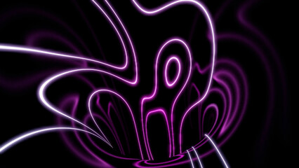 Poster - Abstract curving and spinning abstraction with rows of pink lines on a black background. Design. Rotating shape of glowing stripes.