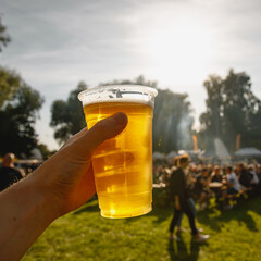 Disposable beer glass in man's hand at a summer music festival.