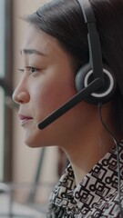 Wall Mural - Vertical video: Close up of worker talking on phone call at customer service, giving assistance to clients. Support call agent using headphones and microphone for telemarketing with people at call