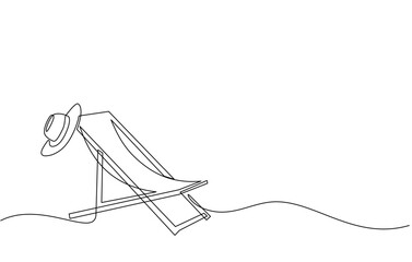 Wall Mural - Continuous line drawing of summer vacation concept, sandy beach, beach umbrella, lounge chairs, straw hat, sunglasses and flip flops on tropical beach in single line doodle style. Editable strokes.