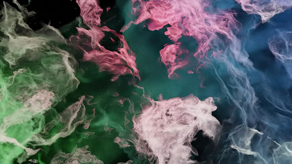 Poster - Moving 3d streams of smoke on black background. Design. Dynamic flow of colorful fog on black background. 3D fog layers with colorful lines and dense clouds