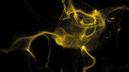 Poster - Magical sand pattern in air. Design. Glowing sand pollen spreads with swirls. Beautiful pattern of sand particles in air on black background