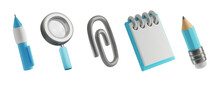 3d Icons Of Objects For Training And Office, Icons Of Stationery Magnifying Glass, Paper Clip And Pencil With Notepad. Vector Illustration Of Render Signs On A White Isolated Background