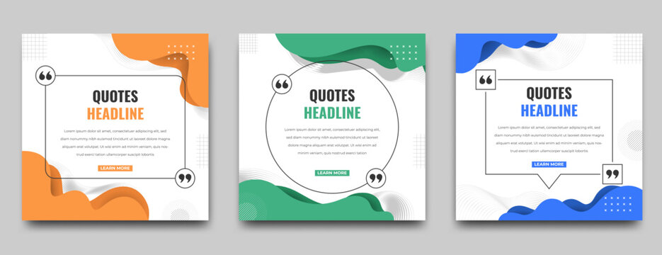 set of quotes square banner template design. white background with orange, green, and blue wavy shap