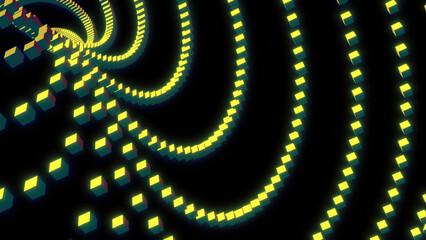 Poster - Moving stream of lines from squares. Design. Curved lines of squares move in space. 3D cubes move in curved ceiling of lines on black background
