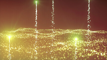 Poster - Bright rotating stream with luminous particles. Motion. Wavy stream of luminous particles with stars. Rising bright particles above wavy stream