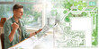 © Pixel-Shot - Collage with male landscape designer working in office and project plan