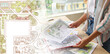 © Pixel-Shot - Collage with female landscape designer working in office and project plan