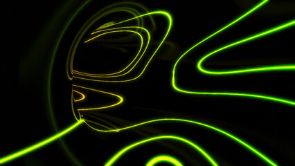 Neon lines bend in black tunnel. Design. Psychedelic neon lines move in mirrored black tunnel. Dark tunnel with glowing neon lines and reflection