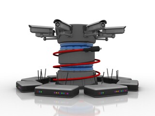 Poster - 3d rendering Transmitter WiFi with database under CCTV camera
