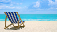 Beach Chair Or Beach Loungers On Sand At The Beach. Summer Holiday Travel Vocation Concept. Minimalist Beach Scene.