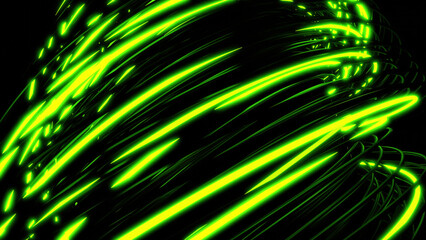 Poster - Rotating 3d vortex with neon lines on black background. Design. Side view of rotating 3d vortex. Powerful vortex of neon lines in cyberspace