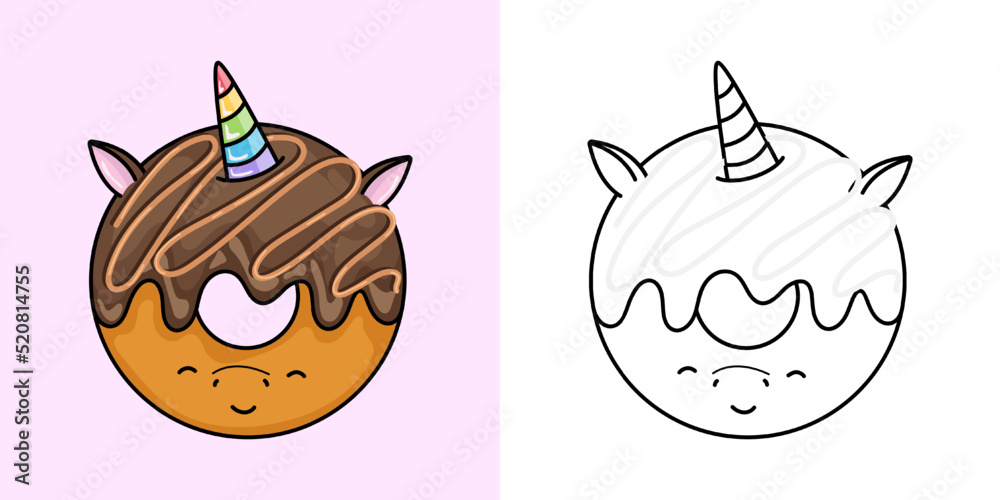 Kawaii Clipart Donut Illustration and For Coloring Page. Funny Kawaii ...
